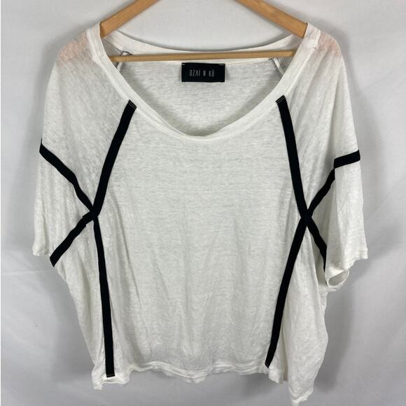 Ozai N Ku Linen White Geometric Black Stripe Top Size 2 - Picture 1 of 6